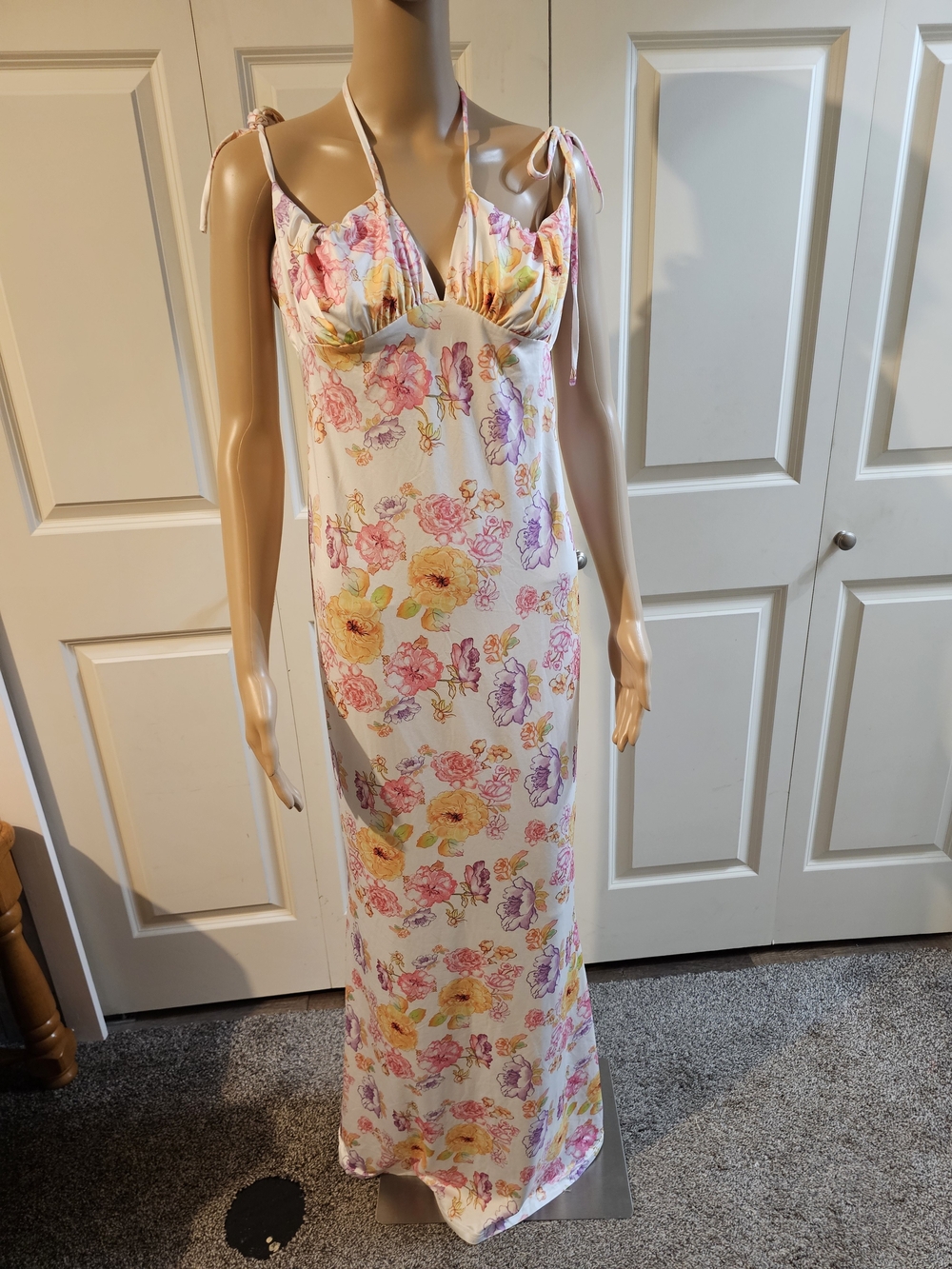 Floral Silky Parthea Tie-Shoulder Slip Dress in Cream with Pink & Yellow Bloom